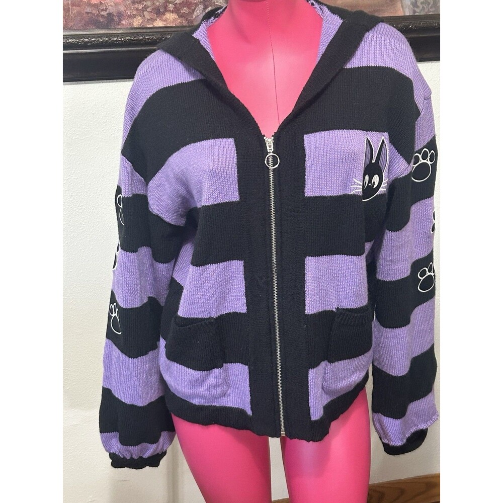 Kikis Delivery Service Jiji Striped Cat Ear Hooded Cardigan Sweater Womens LARGE